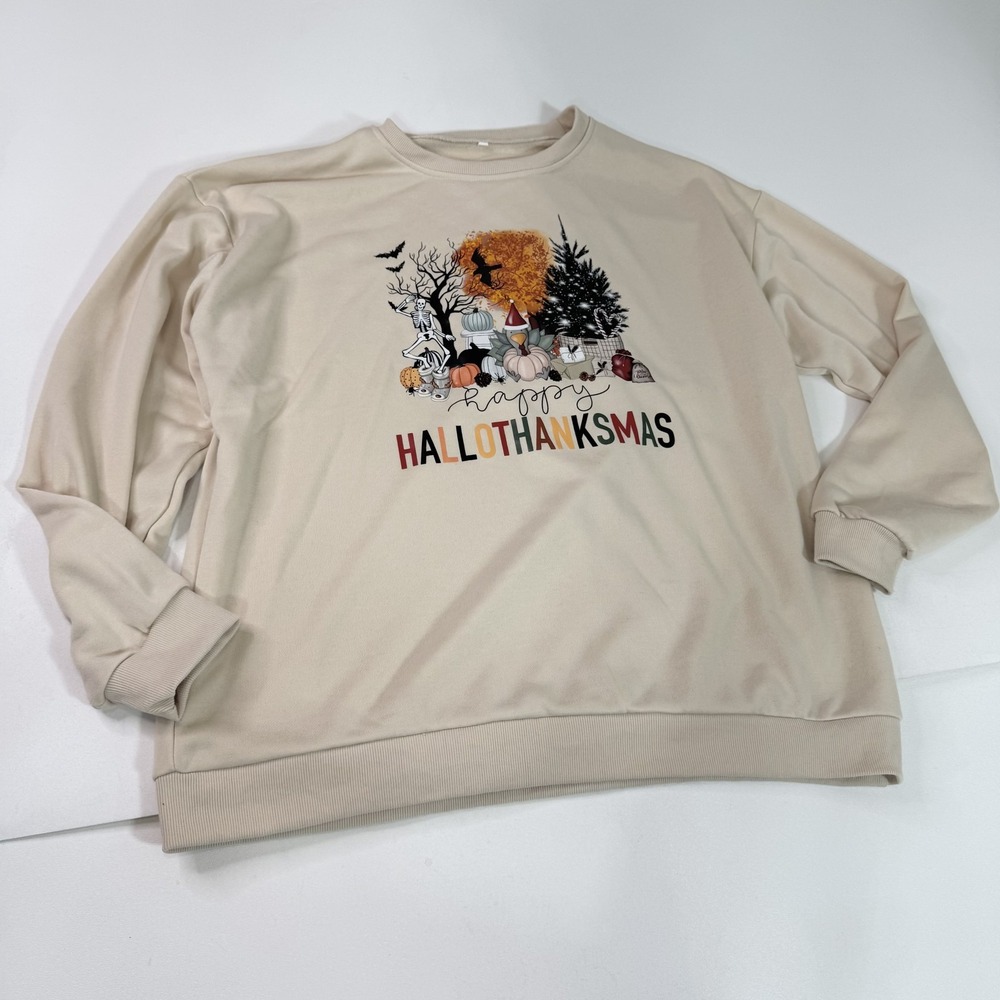 Happy Hallothanksmas Sweatshirt Mens 2XL Halloween Thanksgiving Christmas Crewne